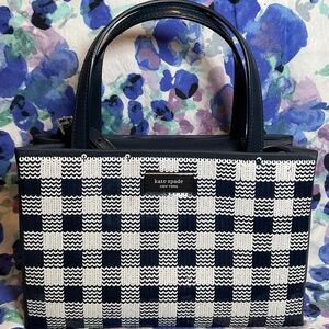 Kate Spade Sam Icon White Navy Gingham Sequin Crossbody Small Tote